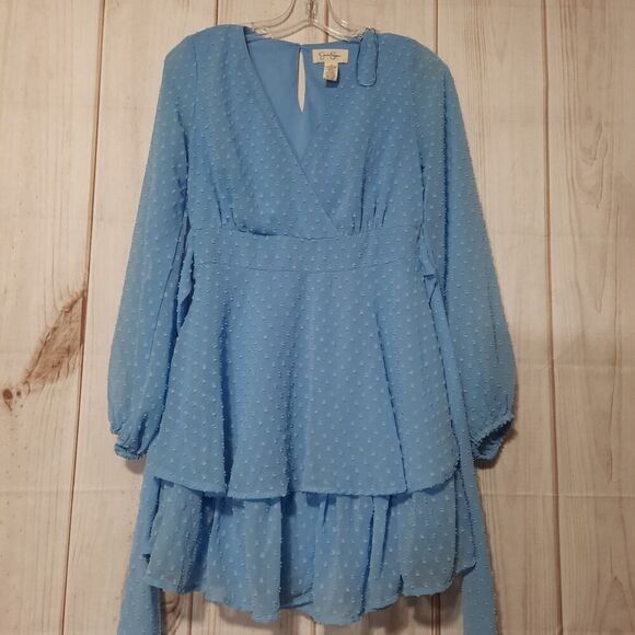 Jessica Simpson‎ Dress Ladies Small Blue Long Sleeve V-Neck Midi Chiffon - Picture 1 of 9